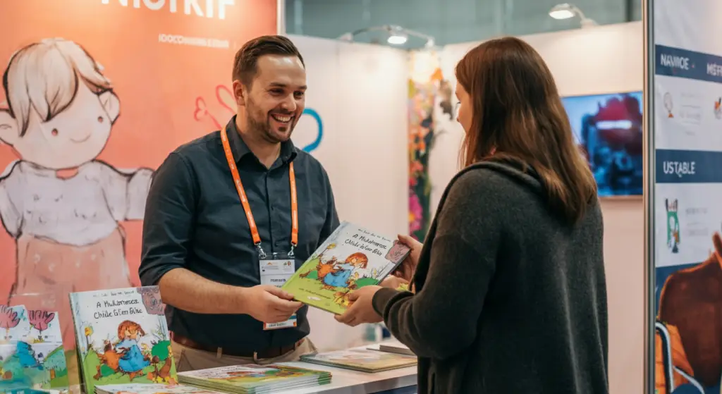man presents book about his business to a woman
